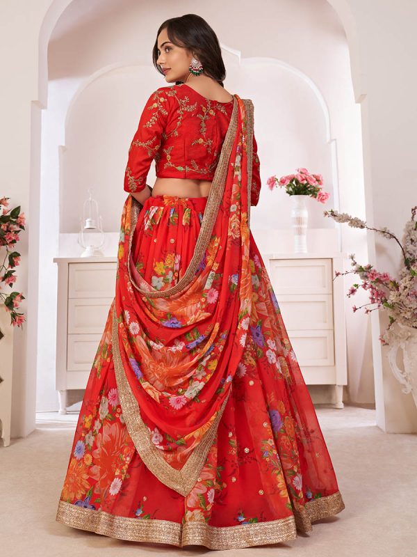 Myra Red Tomato Digital Printed Georgette Lehanga For Sale