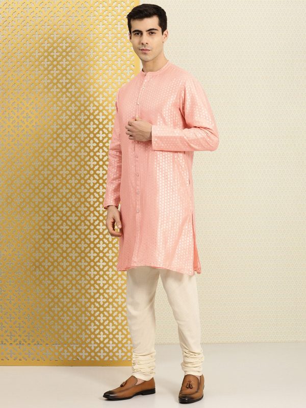 House of Pataudi Men Peach-Coloured Ethnic Motifs Printed Kurta Hot on Sale