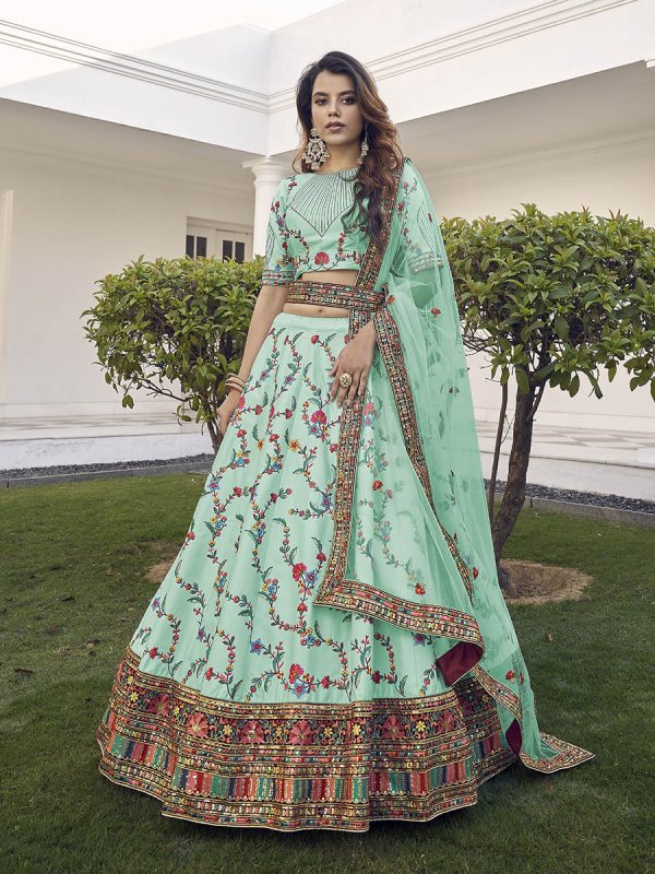 Myra Pista Green Silk Heavy Embroidered Lehenga Online Hot Sale