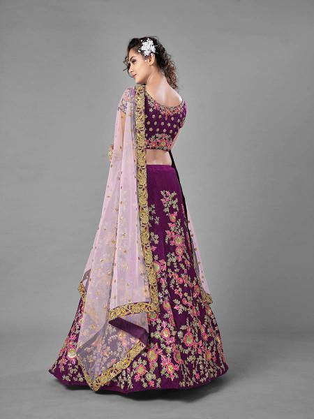 Myra Purple Heavy Embroidered Satin Velvet Bridal Lehenga Supply