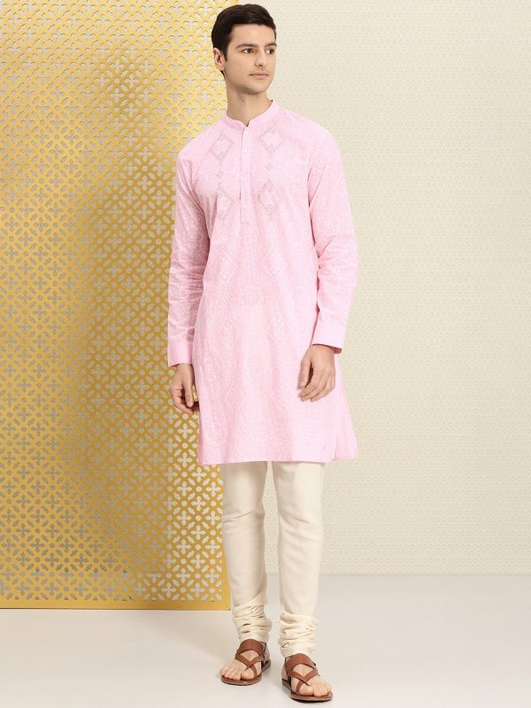 House of Pataudi Men Pink & White Bandhani Printed Pure Cotton Jashn Kurta For Discount