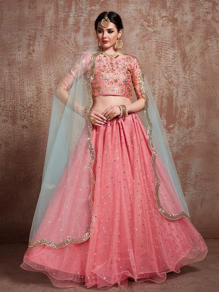 Myra Pink Soft Net Heavy Embroidered Lehenga Hot on Sale