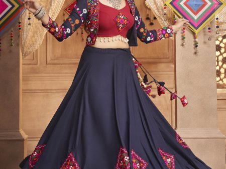 Myra Navy Blue Koti Style Viscose Rayon Embroidered Designer Navratri Special Lehenga on Sale