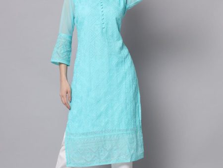 HERE&NOW Women Blue Ethnic Motifs Embroidered Thread Work Georgette Kurta Supply