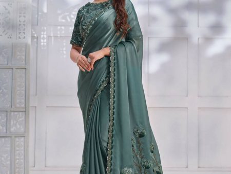 Sea Green Crepe satin silk Cord & Sequence Embroidered with Stone work Saree - Mohmanthan Majestica Sale