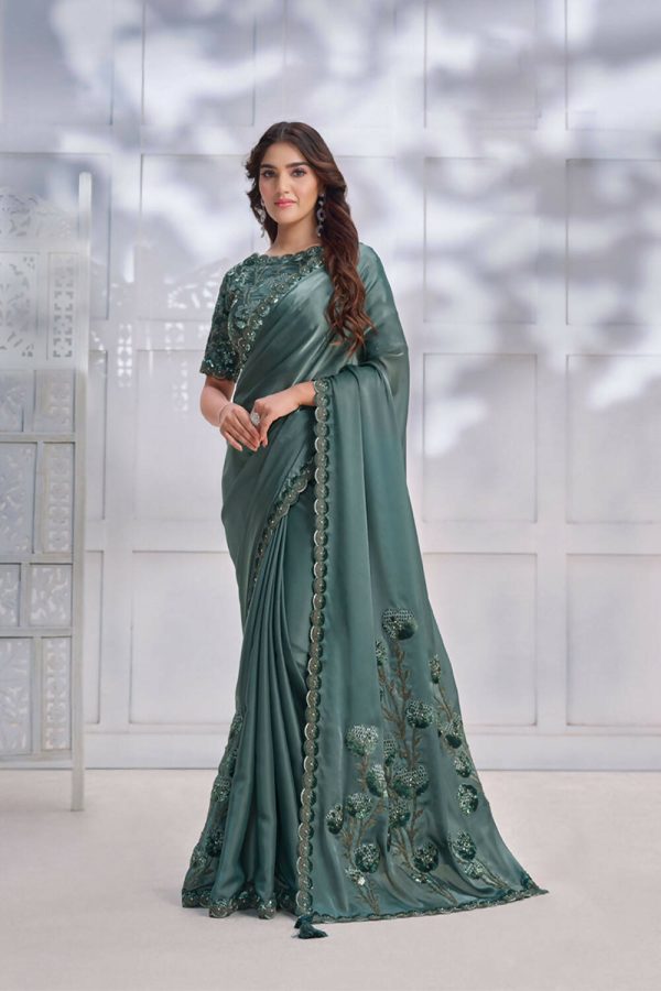 Sea Green Crepe satin silk Cord & Sequence Embroidered with Stone work Saree - Mohmanthan Majestica Sale