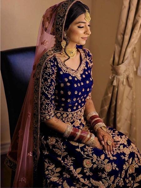 Myra Royal Blue Heavy Embroidered Velvet Bridal Lehenga Sale