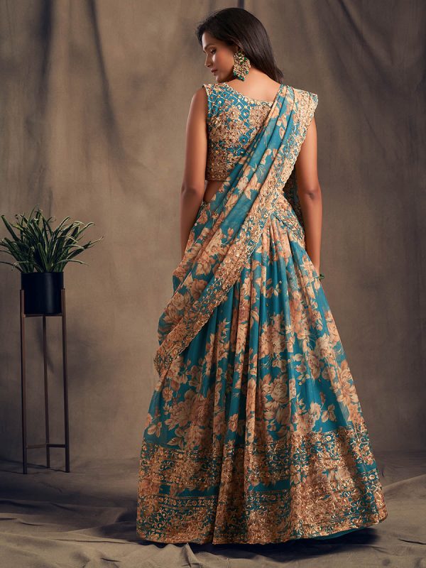 Myra Teal Blue Organza Silk Embroidered Lehenga Supply