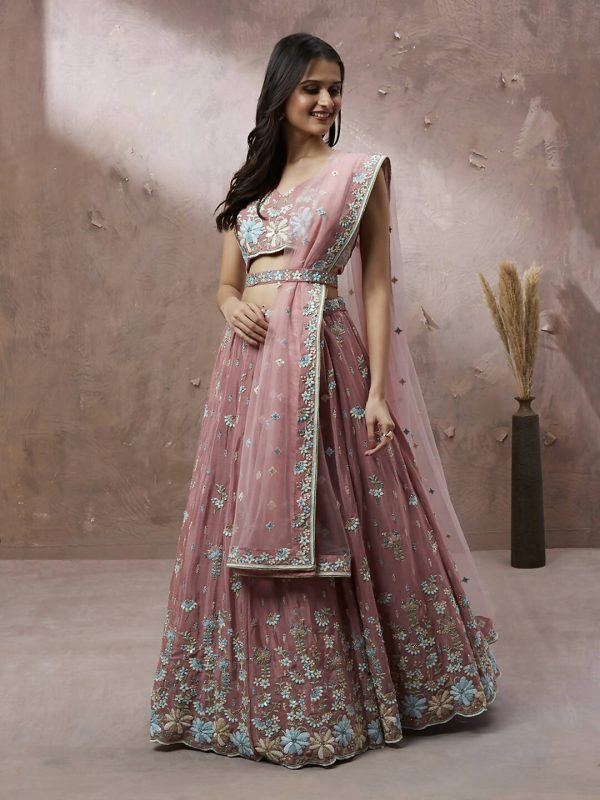 House of Panchhi Coral Pure Georgette Sequins with heavy Zarkan embroidery Lehenga choli & Dupatta on Sale