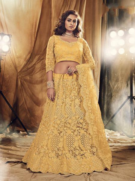 Myra Mustard Yellow Heavy Embroidered Net Bridal Lehenga Hot on Sale