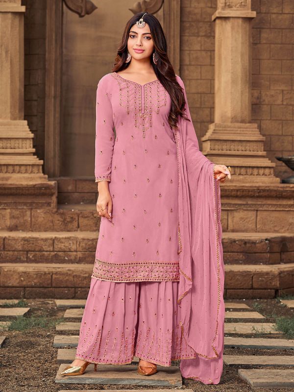 Myra Pink heavy Georgette Embroidered Sharara Suit Supply