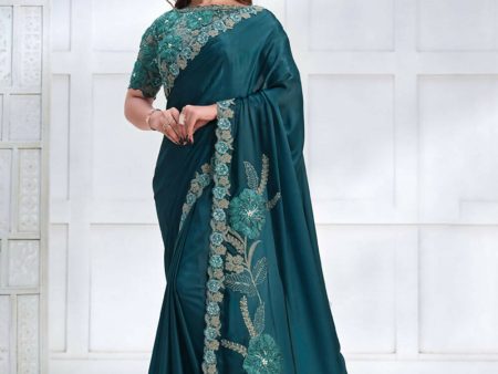 Teal Crepe satin silk Cord & Sequence Embroidered with Applique & Stone work Saree - Mohmanthan Majestica Supply