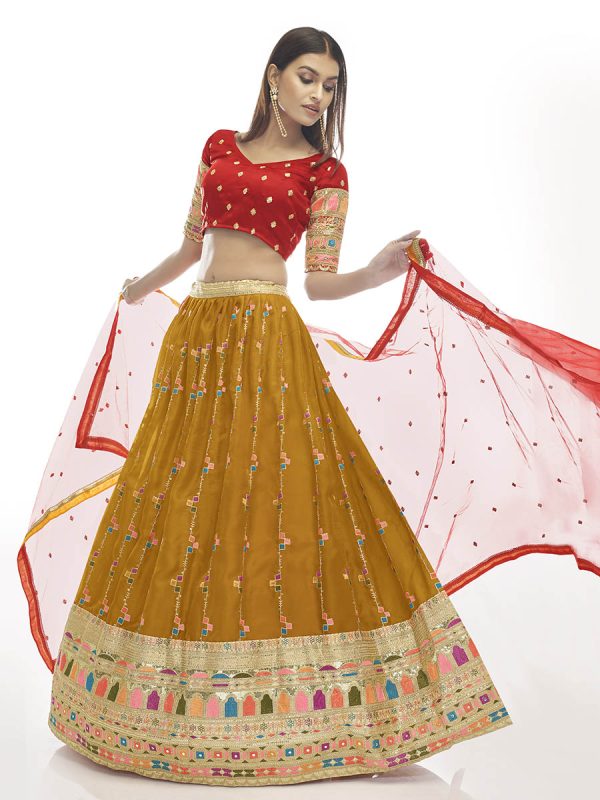 Myra Musturd Satin Georgette Embroidered Designer Lehenga Cheap