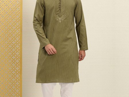 House of Pataudi Men Olive Green Striped Straight Kurta with Embroidered Detail Discount