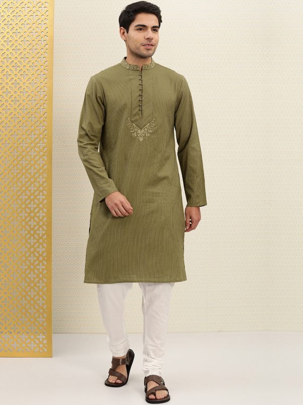 House of Pataudi Men Olive Green Striped Straight Kurta with Embroidered Detail Discount