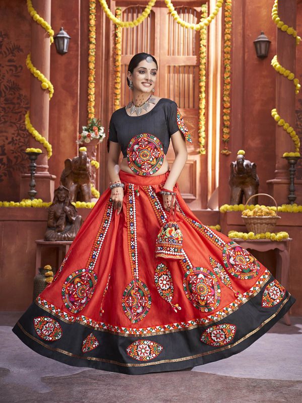 Myra Red Art Silk Gamthi Work Designer Lehenga on Sale