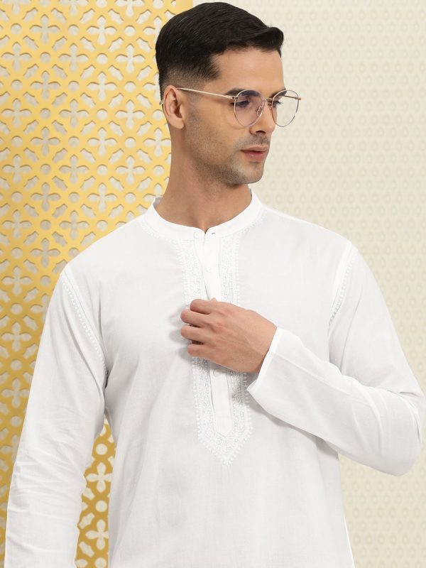 House of Pataudi Men Pure Cotton Solid Chikankari Jashn Short Kurta Hot on Sale