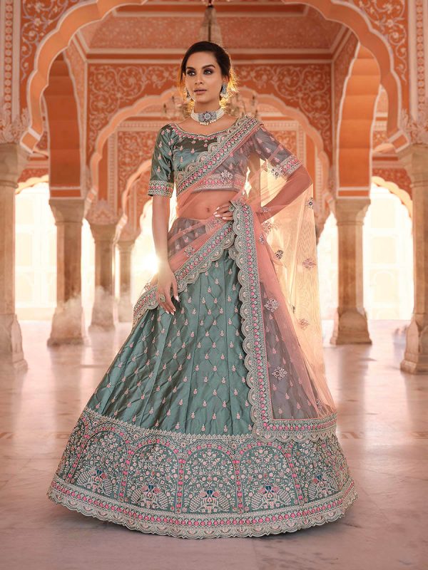 Myra Rama Green Embroidered Designer Lehenga Choli For Sale