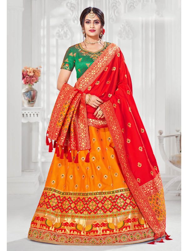 Myra Multicolour Jaquard Silk Designer Lehenga For Girls For Discount