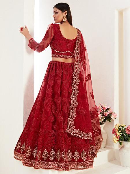 Myra Red Heavy Embroidered Net Lehenga For Cheap