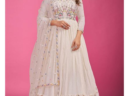 Myra White Pure Georgette Embroidered Gown For Discount