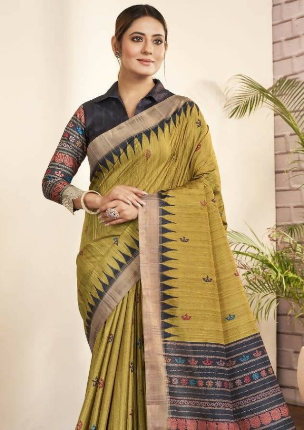 Olive Green Bhagalpuri Silk Paisley Print with Hand Mirror work Border Saree - Norita Nirvi Supply