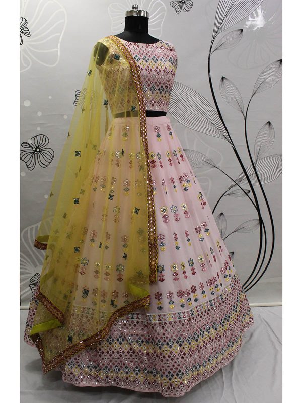 Myra Pink and Yellow Georgette Embroidered Designer Lehenga Discount