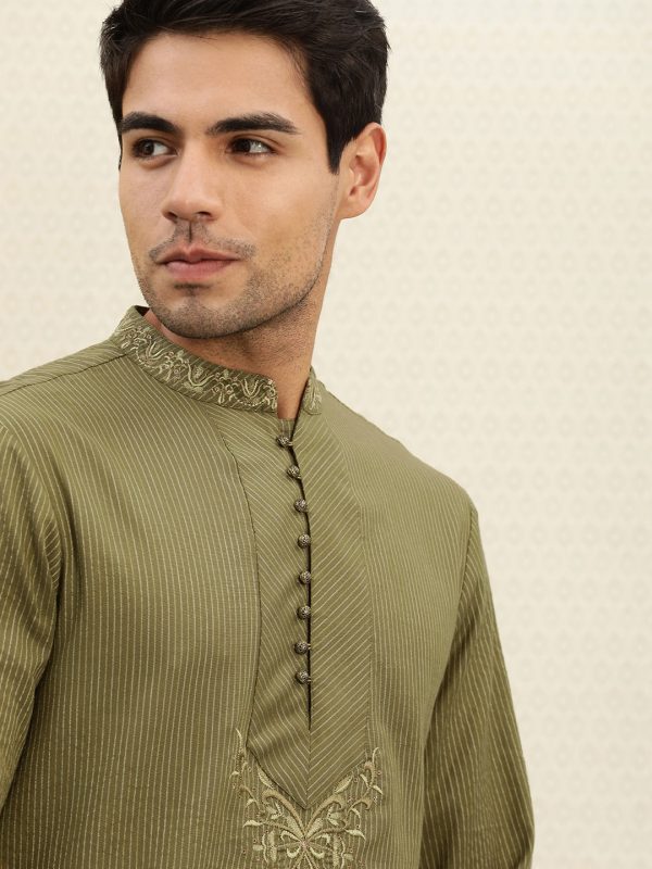 House of Pataudi Men Olive Green Striped Straight Kurta with Embroidered Detail Discount