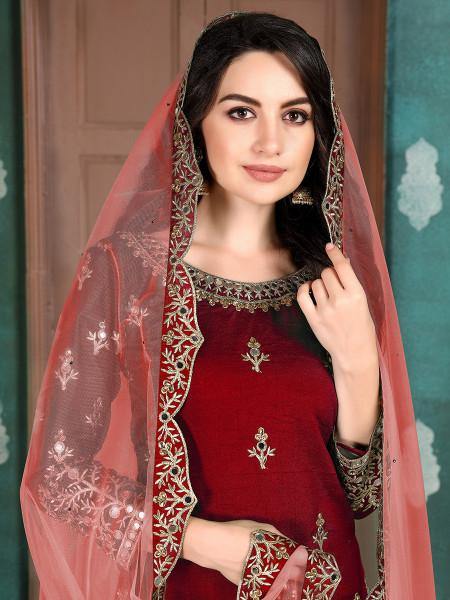 Myra Red Art Silk Embroidered Patiala Suit Sale