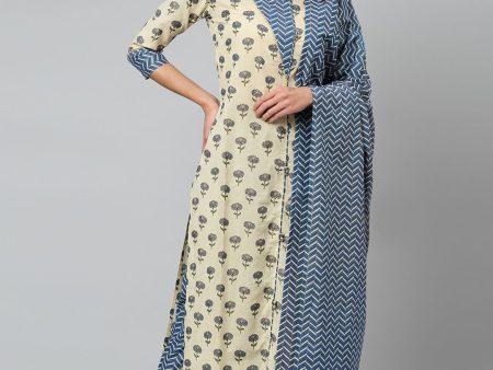 Khushal K Women Beige Floral Printed Regular Gotta Patti Pure Cotton Kurta with Trousers & With Dupatta Supply