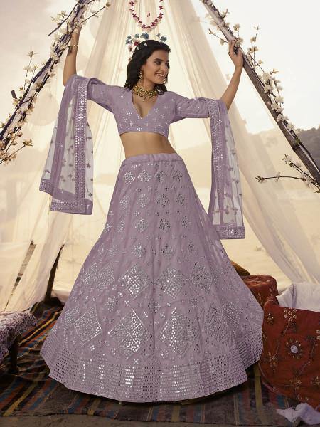 Myra Purple Embroidered Organza bridal Lehenga on Sale