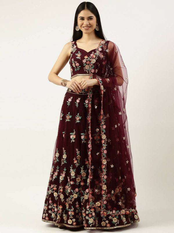 House of Panchhi Burgundy Net Sequinse Work Lehenga & Blouse, Dupatta Online