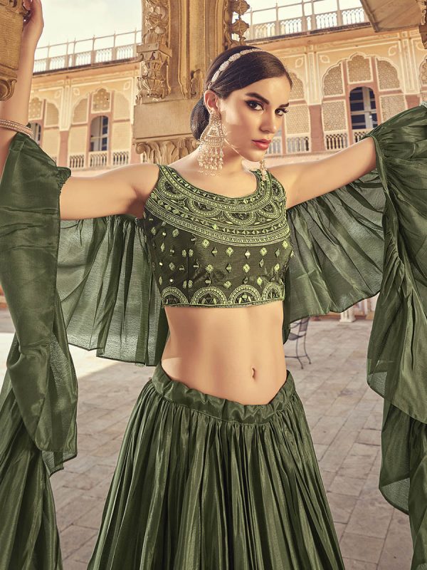 Myra Olive Chinon & Art SIlk Embroidered Designer Lehenga Choli Hot on Sale