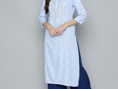 HERE&NOW Women Blue Ethnic Motifs Printed Embroidered Sequin Detail Kurta Online now