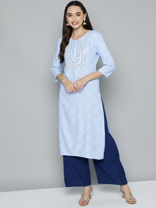 HERE&NOW Women Blue Ethnic Motifs Printed Embroidered Sequin Detail Kurta Online now