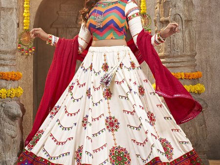 Myra Pearl White Viscose Rayon and Cotton Embroidered with Print Designer Lehenga Hot on Sale