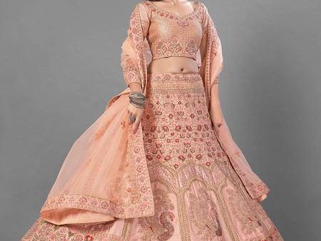 Myra Peach Heavy Embroidered Satin Bridal Lehenga Hot on Sale