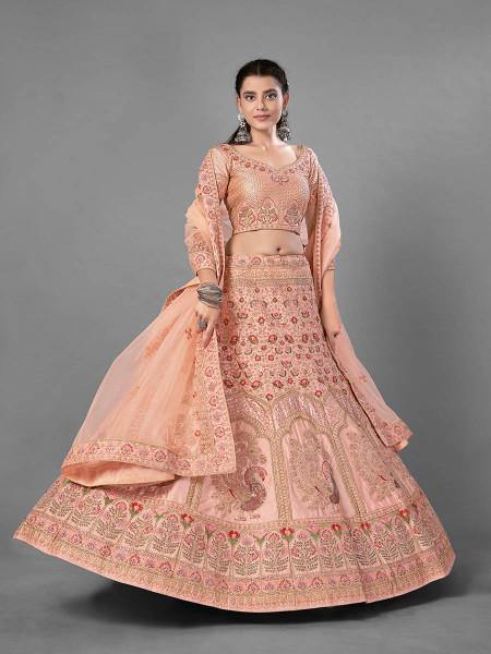 Myra Peach Heavy Embroidered Satin Bridal Lehenga Hot on Sale