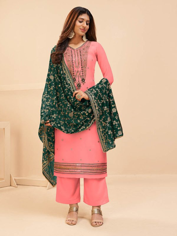 Myra Peach Georgette Embroidered Palazzo Suit Sale