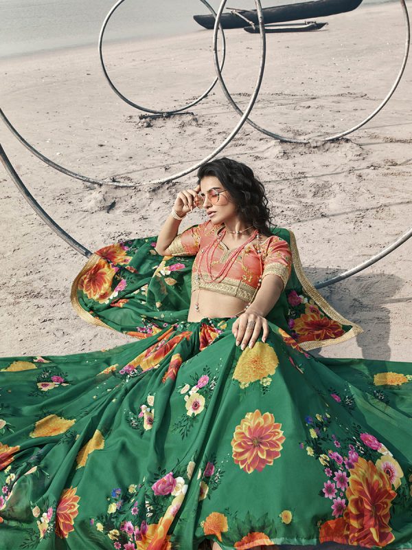 Myra Rama Green Organza Printed & Embroidered Lehenga For Cheap