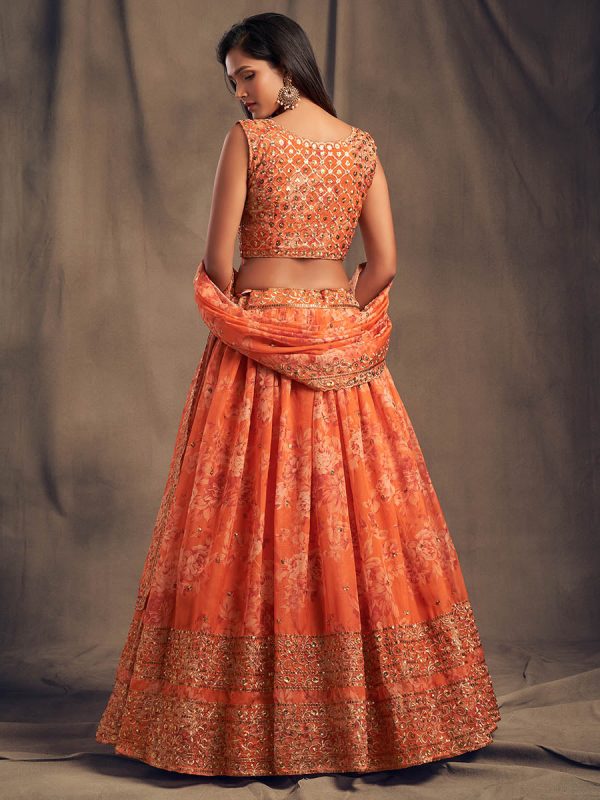 Myra Orange Organza Silk Embroidered Lehenga For Discount