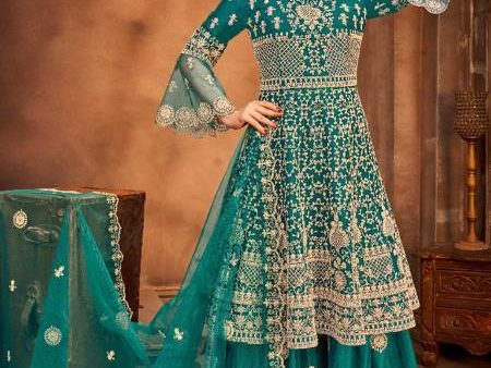 Myra Rama Green Heavy Embroidered Gharara Suit Cheap