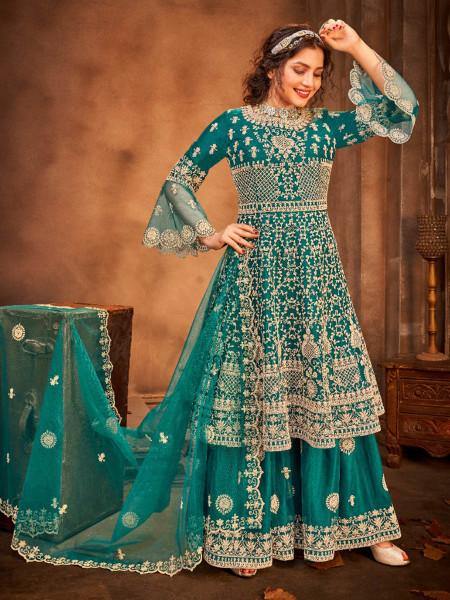 Myra Rama Green Heavy Embroidered Gharara Suit Cheap