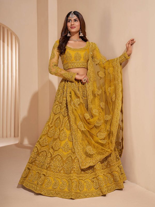 Myra Mustard Yellow Heavy Embroidered Designer Lehenga Online Sale