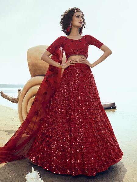 Myra Red Embroidered Net Lehenga For Cheap