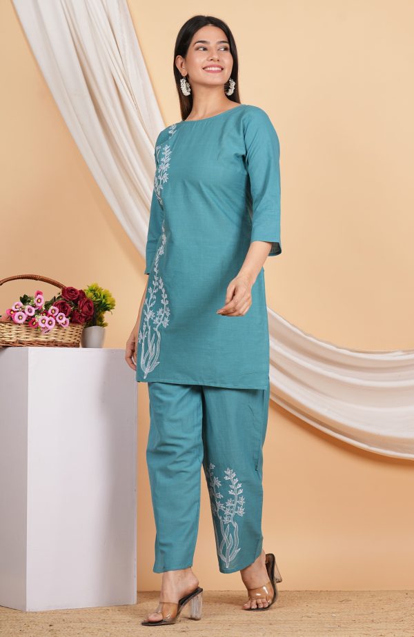 House of RP Women Teal Cotton Embroidered Coords Set For Discount