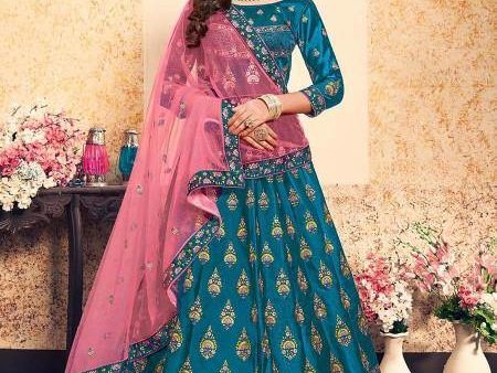 Myra Sky Blue Satin Embroidered Lehenga For Cheap