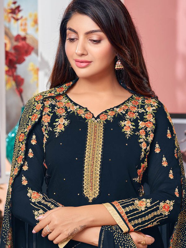 Myra Navy Blue Heavy Faux Georgette Embroidered Churidar Suit Online