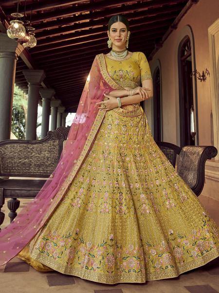 Myra Mustard Heavy Embroidered Georgette Bridal Lehenga Online Sale