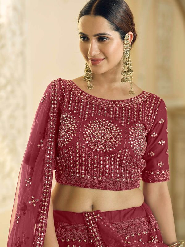 Myra Maroon Soft Net Embroidered Lehenga Online